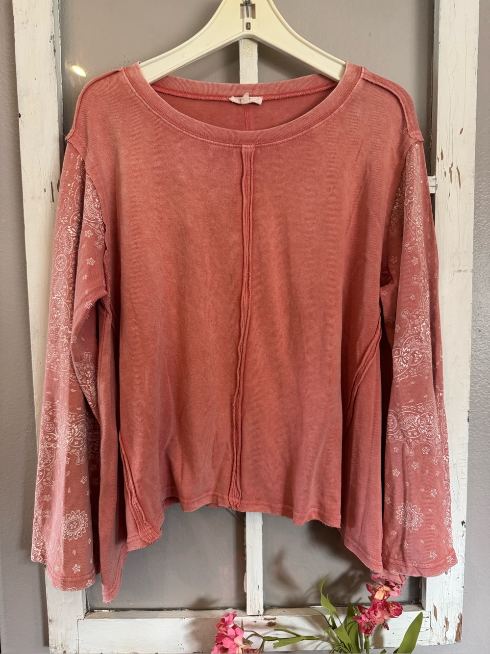 Easel brand washed Coral colored top with bandana print flare sleeves